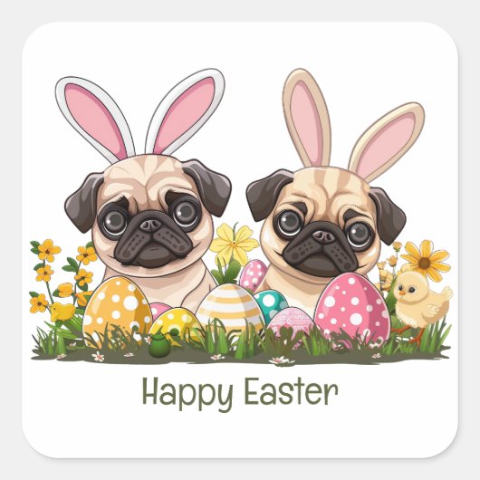 Happy Easter Pug Dogs Bunny Ears Vierkante Sticker (Voorkant)