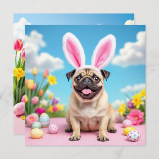 Happy Easter Pug met Bunny Ears Feestdagenkaart (Voorkant / Achterkant)