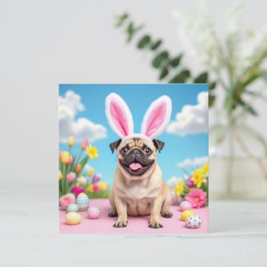Happy Easter Pug met Bunny Ears Feestdagenkaart (Staand voorkant)