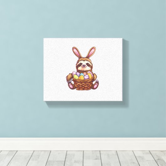 Happy Easter Rabbit Easter Eggs Basket Sloth Pasen Canvas Afdruk (Insitu (Houten vloer))