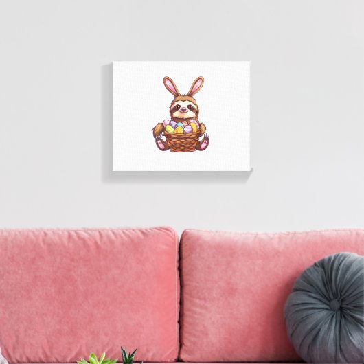 Happy Easter Rabbit Easter Eggs Basket Sloth Pasen Canvas Afdruk (Insitu (Woonkamer))