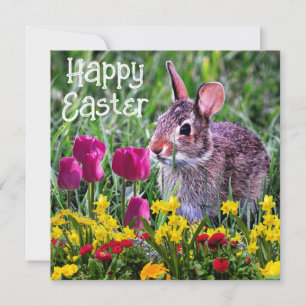 Happy Easter Rabbit Spring Flowers Holiday Kaart