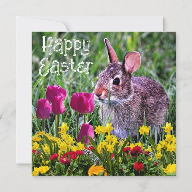 Happy Easter Rabbit Spring Flowers Holiday Kaart (Voorkant)
