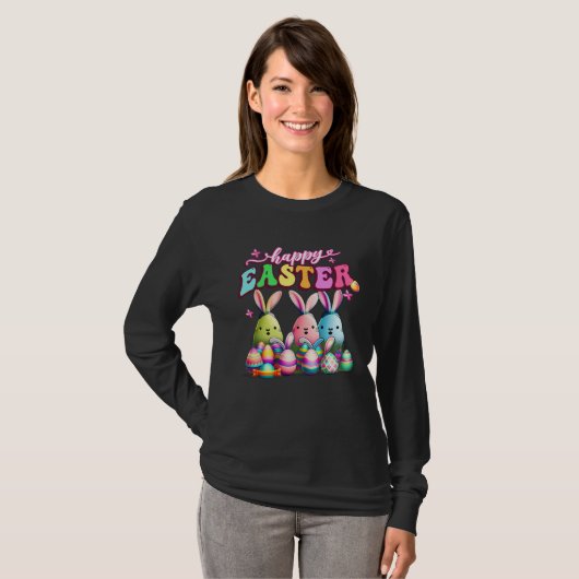 Happy Easter  Rabit Eggs Retro Groovy Bunny Easter T-shirt (Voorkant volledig)