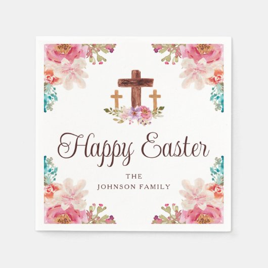 Happy Easter Religious Cross Floral Waterverf Servet (Voorkant)