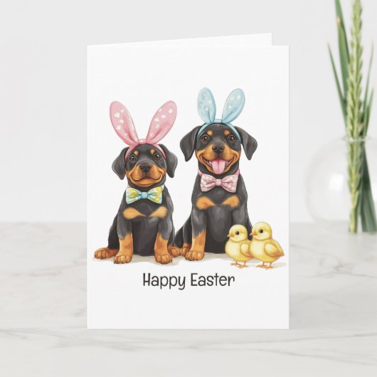 Happy Easter Rottweiler Dogs Bunny Ears Feestdagen Kaart (Voorkant)