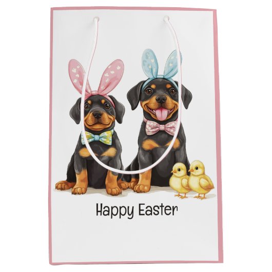 Happy Easter Rottweiler Dogs Bunny Ears Medium Cadeauzakje (Voorkant)
