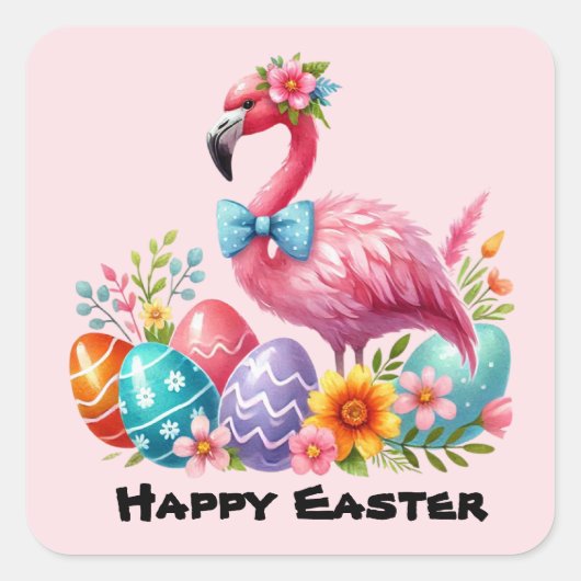 Happy Easter roze flamingo Vakantie Vierkante Sticker (Voorkant)
