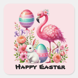 Happy Easter roze flamingo Vakantie Vierkante Sticker