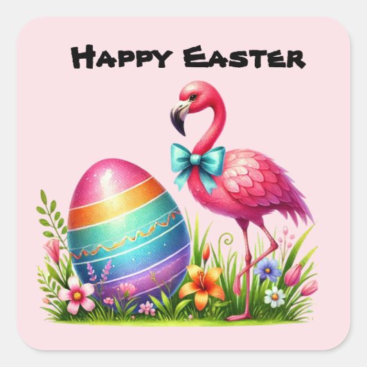 Happy Easter roze flamingo Vakantie Vierkante Sticker (Voorkant)