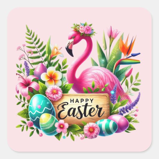 Happy Easter roze flamingo Vakantie Vierkante Sticker (Voorkant)