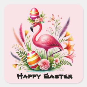 Happy Easter roze flamingo Vakantie Vierkante Sticker