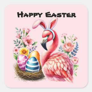 Happy Easter roze flamingo Vakantie Vierkante Sticker