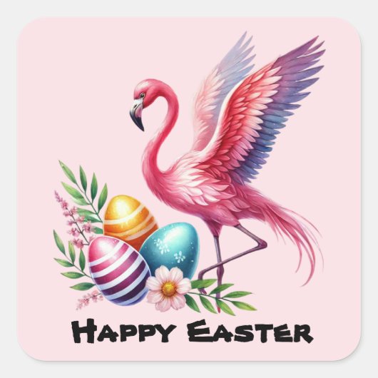 Happy Easter roze flamingo Vakantie Vierkante Sticker (Voorkant)