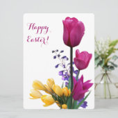Happy Easter  roze tulpen geel krokus schattig Feestdagenkaart (Staand voorkant)
