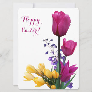 Happy Easter  roze tulpen geel krokus schattig Feestdagenkaart