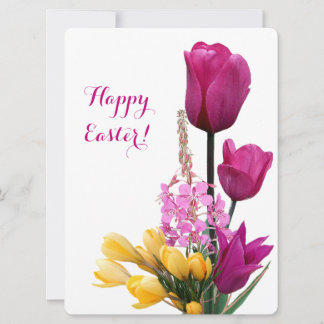 Happy Easter roze tulpen geel krokusplezier Feestdagenkaart