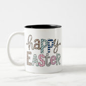 Happy Easter Schattige Bloemen Bunny Spring Leopar Tweekleurige Koffiemok (Links)
