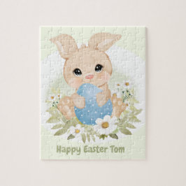 Happy Easter Schattige Bunny Blue Egg Gepersonalis Legpuzzel