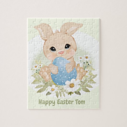 Happy Easter Schattige Bunny Blue Egg Gepersonalis Legpuzzel (Verticaal)