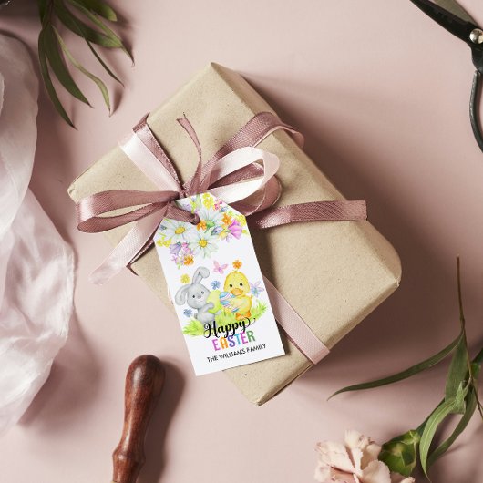 Happy Easter Schattige Bunny & Chick Spring Flower Cadeaulabel