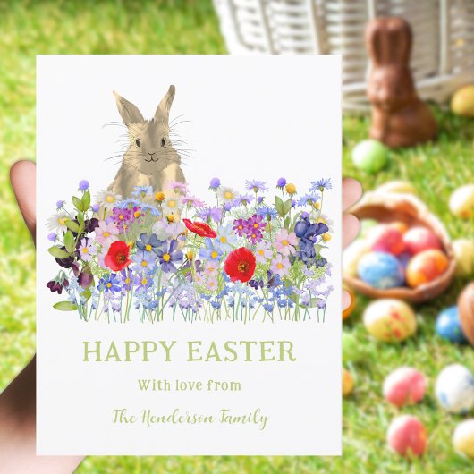 Happy Easter Schattige Bunny en Wildflowers Custom Feestdagenkaart