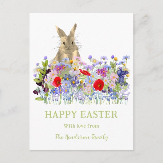 Happy Easter Schattige Bunny en Wildflowers Custom Feestdagenkaart (Voorkant)