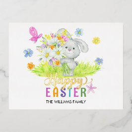 Happy Easter Schattige Konijn Boeket Spring Flower Folie Feestdagen Briefkaart