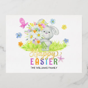 Happy Easter Schattige Konijn Boeket Spring Flower Folie Feestdagen Briefkaart