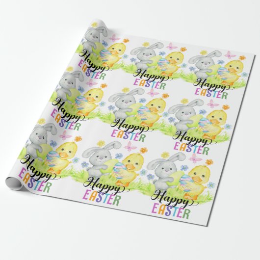 Happy Easter Schattige Konijn & Chick Egg Hunt Cadeaupapier (Uitgerold)