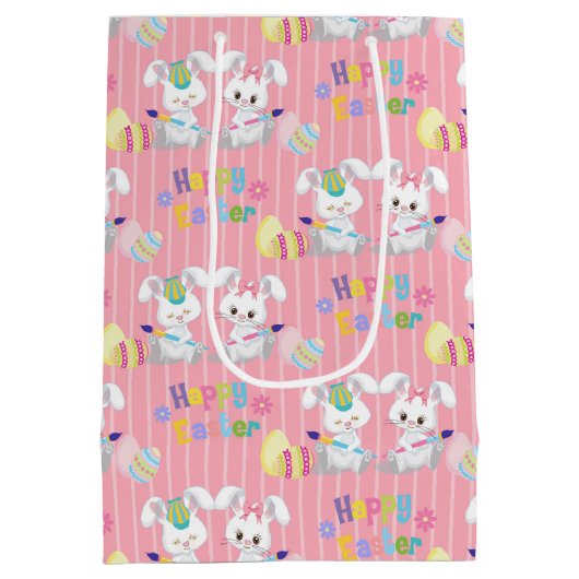 Happy Easter Schattige Konijnenkonijnen Schilderij Medium Cadeauzakje (Achterkant)