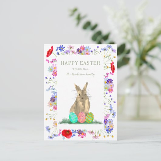 Happy Easter Schattige Konijntje en Eitjes Bloemen Feestdagenkaart (Staand voorkant)