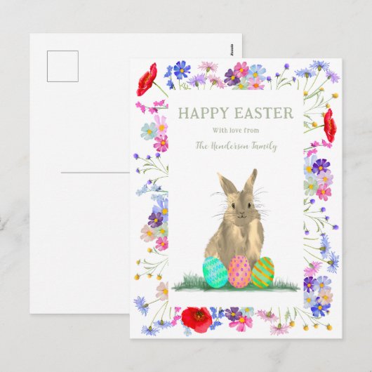 Happy Easter Schattige Konijntje en Eitjes Bloemen Feestdagenkaart (Voorkant / Achterkant)