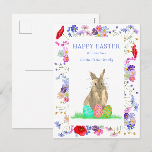 Happy Easter Schattige Konijntje en Eitjes Boho Fl Feestdagenkaart (Voorkant / Achterkant)