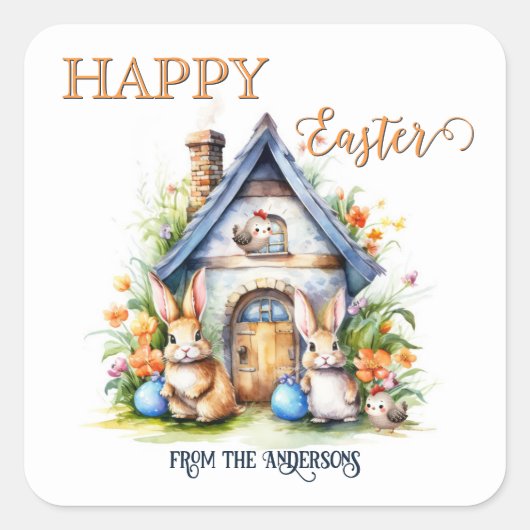 Happy Easter Schattige Spring Waterverf Bunny Vierkante Sticker (Voorkant)