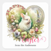 Happy Easter Schattige Waterverf Bunny Floral Vierkante Sticker (Voorkant)