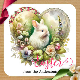 Happy Easter Schattige Waterverf Bunny Floral Vierkante Sticker