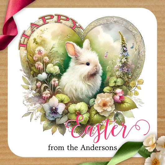 Happy Easter Schattige Waterverf Bunny Floral Vierkante Sticker