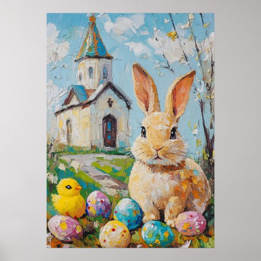 Happy Easter Schattigee Bunny Chick Schilderkerk Poster (Voorkant)