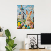 Happy Easter Schattigee Bunny Chick Schilderkerk Poster (Thuiskantoor)