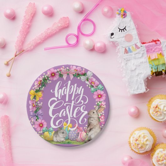 Happy Easter Script Floral lavender Easter Bunny Papieren Bordje (Feest)