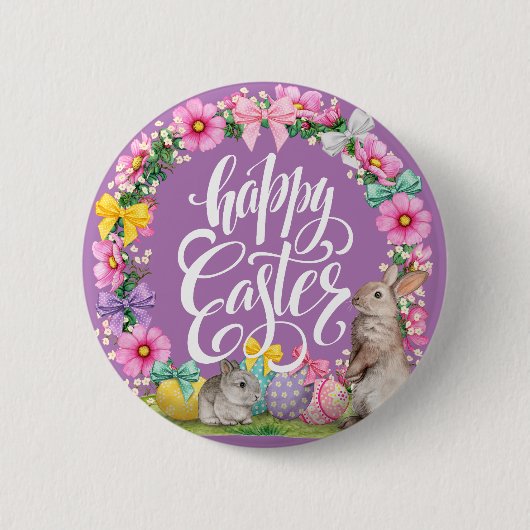Happy Easter Script Floral lavender Easter Bunny Ronde Button 5,7 Cm (Voorkant)