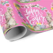 Happy Easter Script Floral Pink Easter Bunny Egg Cadeaupapier (Rol Hoek)