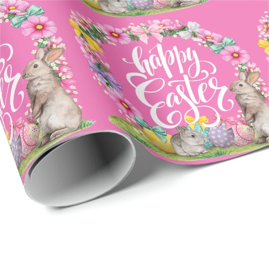 Happy Easter Script Floral Pink Easter Bunny Egg Cadeaupapier (Rol Hoek)