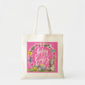 Happy Easter Script Floral Pink Easter Bunny Egg Tote Bag (Voorkant)