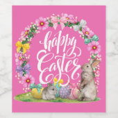 Happy Easter Script Floral Pink Easter Bunny Egg Wijn Etiket (Enkel label)