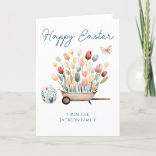 Happy Easter Script Tulip Wheel Barrel Feestdagen Kaart