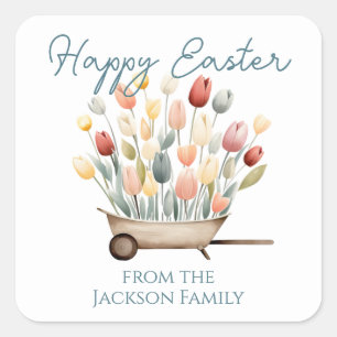 Happy Easter Script Tulip Wheel Barrel Vierkante Sticker