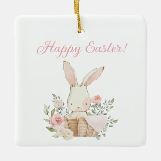 Happy Easter Script Waterverf Bunny Rabbit Pink Keramisch Ornament (Voorkant)