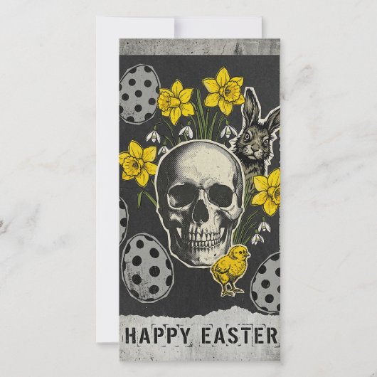 Happy Easter Skull Card With Daffodils, Rabbit Feestdagenkaart (Voorkant)